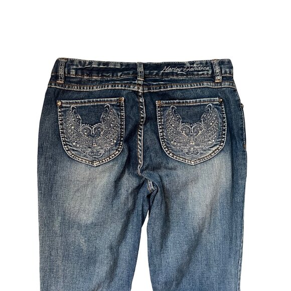 Harley Davidson Very Tall Bootcut Blue Jeans Wing Pockets Women's Size 8 - Picture 1 of 7